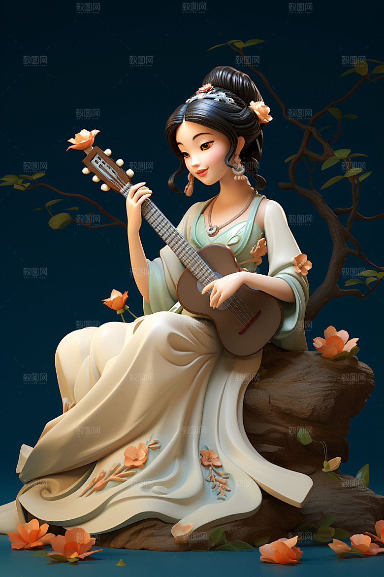 古风弹琴少女演奏乐器插画