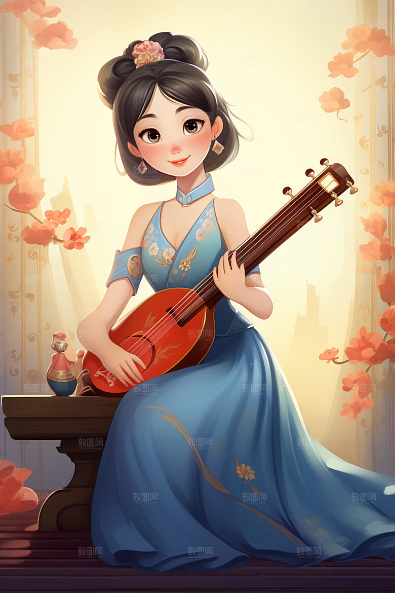 古风弹琴少女唯美乐器插画