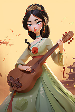 古风弹琴少女唯美中国风插画
