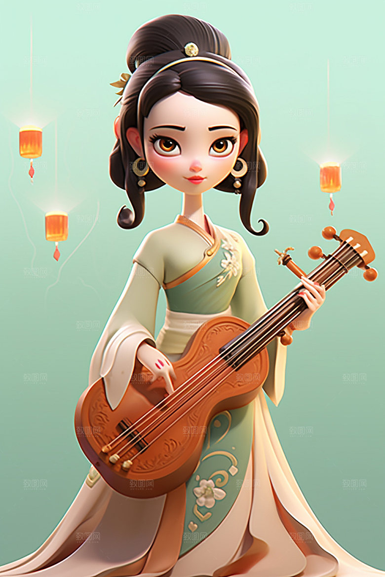 古风弹琴少女中国风乐器插画
