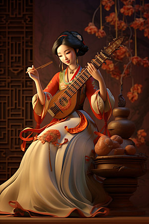 古风弹琴少女乐器中式插画