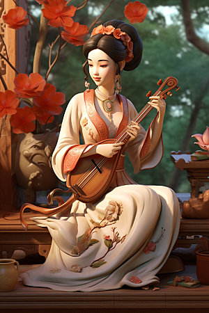 古风弹琴少女中式传统文化插画