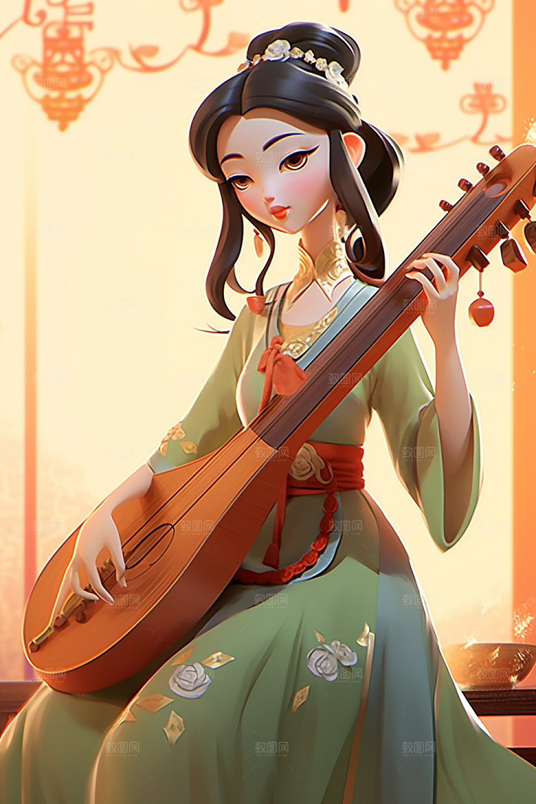 古风弹琴少女唯美中国风插画