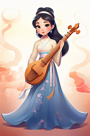 古风弹琴少女汉服传统文化插画