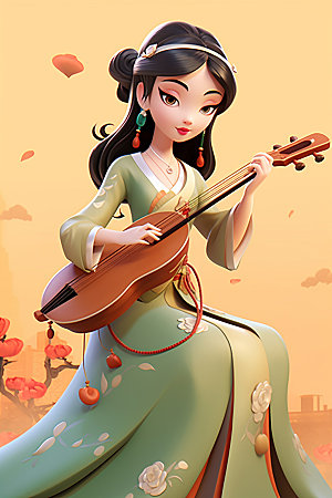 古风弹琴少女汉服中式插画