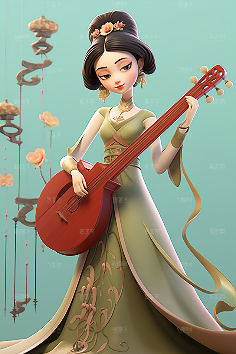 古风弹琴少女传统文化汉服插画