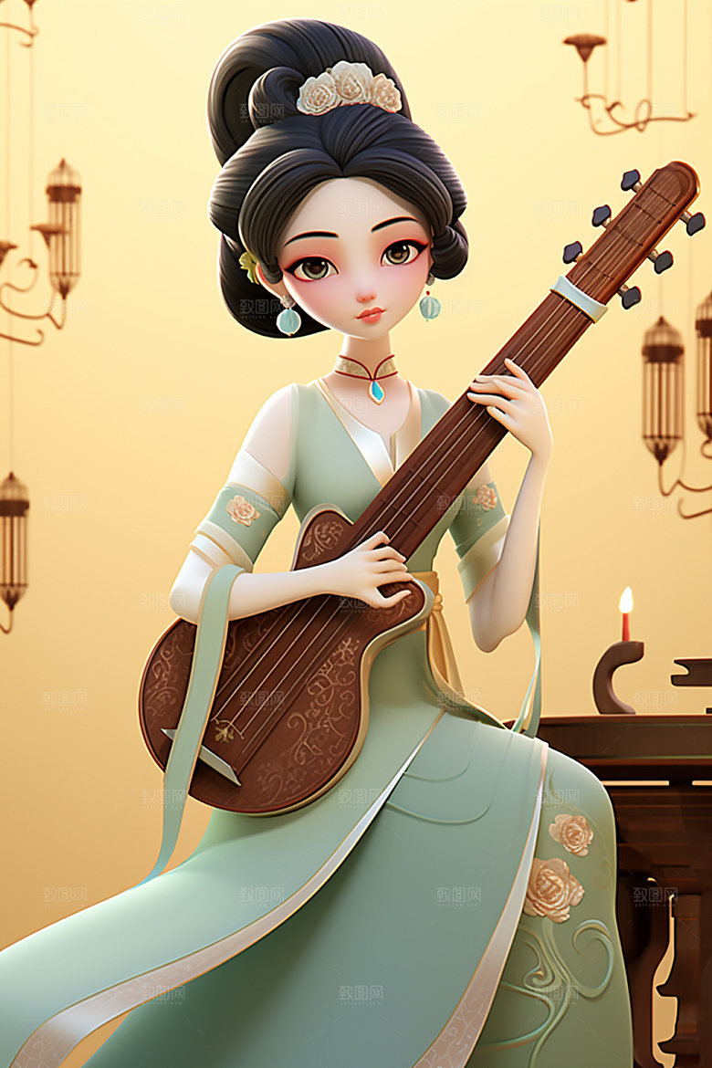 古风弹琴少女唯美演奏插画