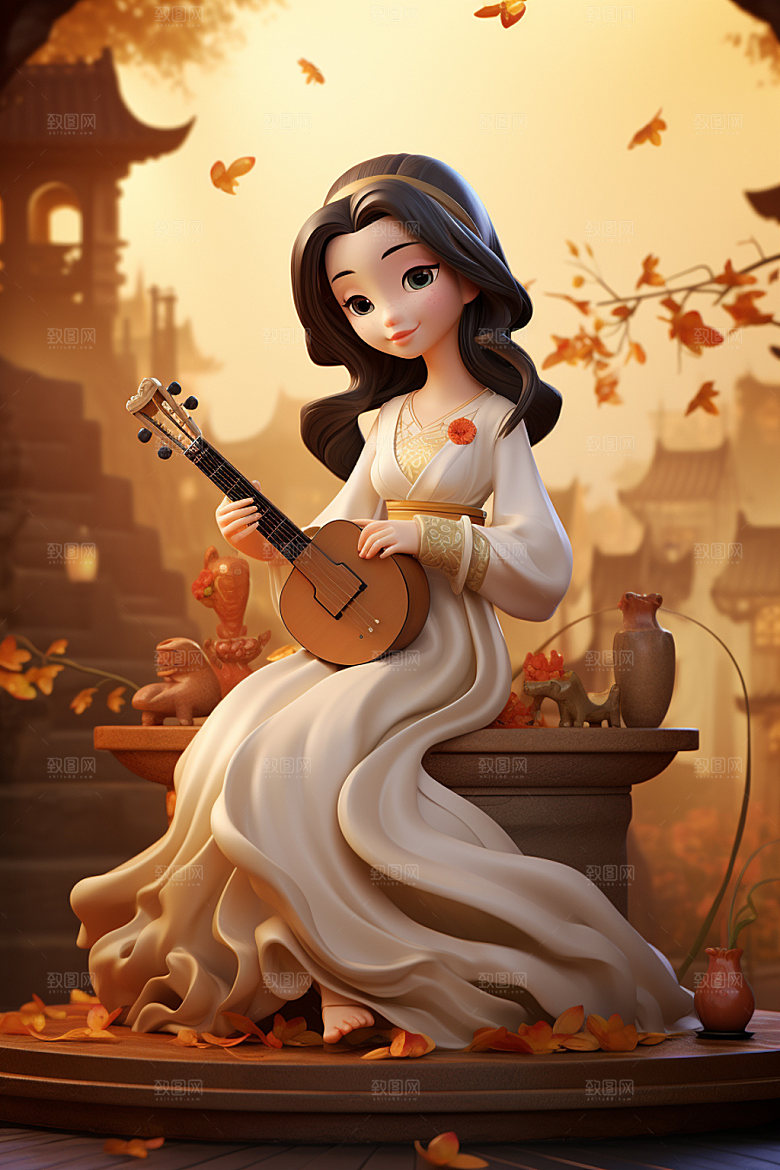 古风弹琴少女唯美中国风插画