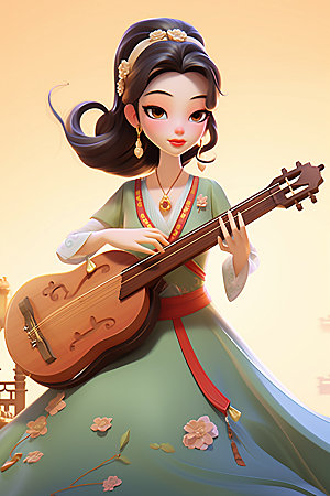 古风弹琴少女传统文化演奏插画