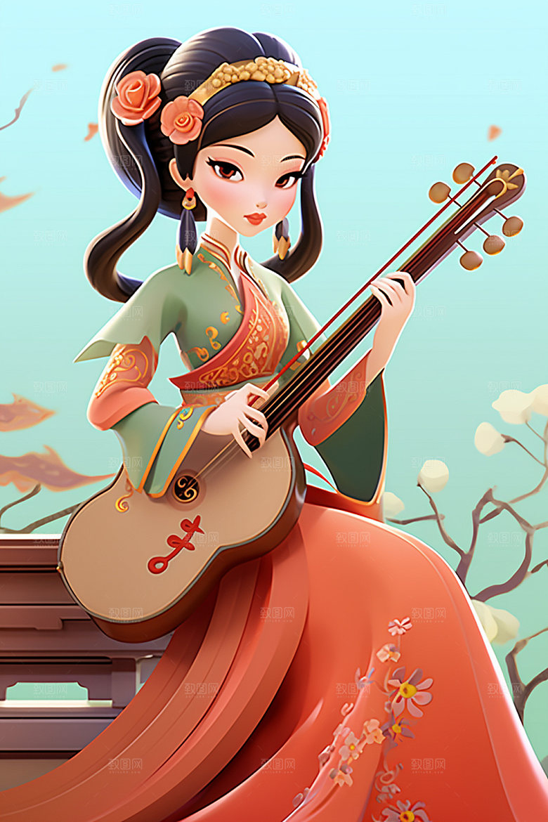 古风弹琴少女演奏唯美插画