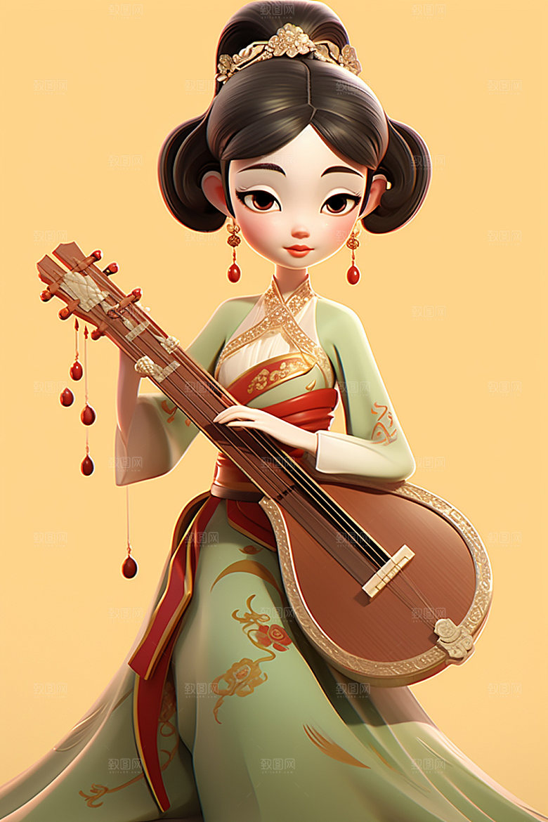 古风弹琴少女中国风乐器插画