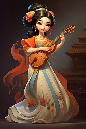 古风弹琴少女演奏中国风插画