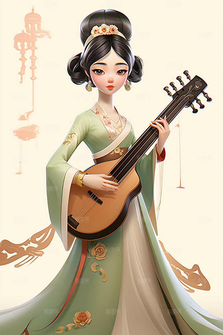 古风弹琴少女中国风乐器插画