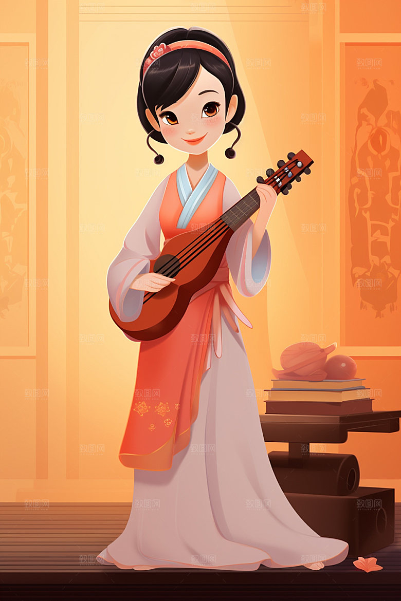 古风弹琴少女唯美中国风插画