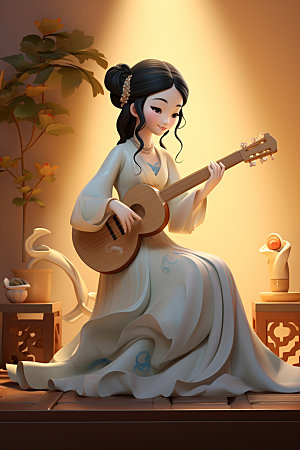 古风弹琴少女唯美中式插画