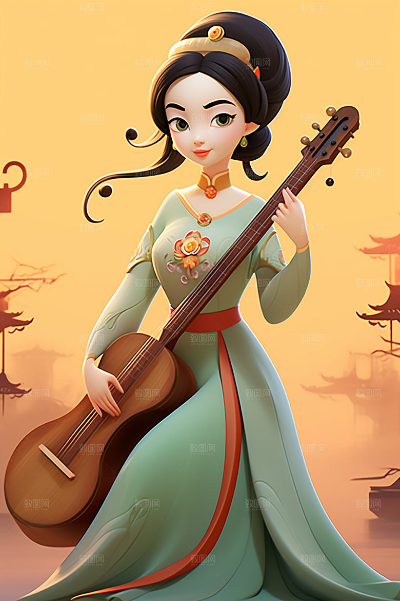 古风弹琴少女中国风汉服插画