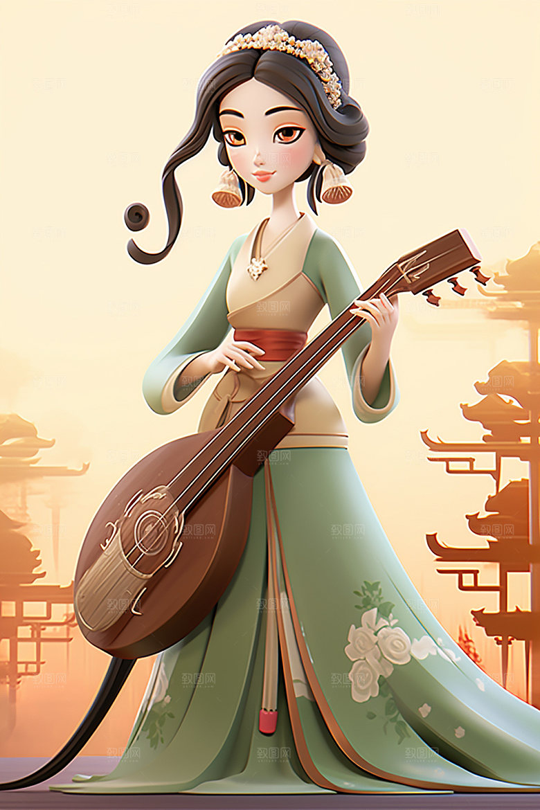 古风弹琴少女汉服中式插画