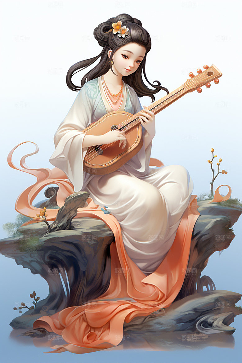 古风弹琴少女汉服乐器插画