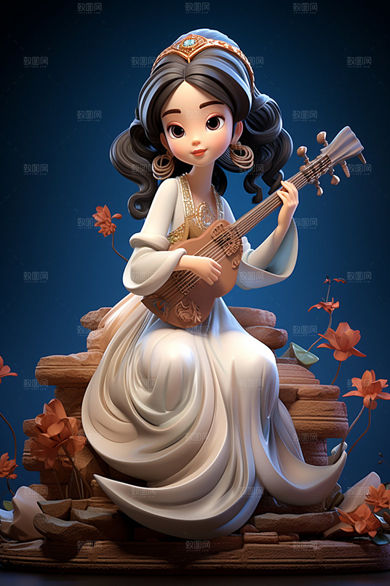 古风弹琴少女乐器中国风插画