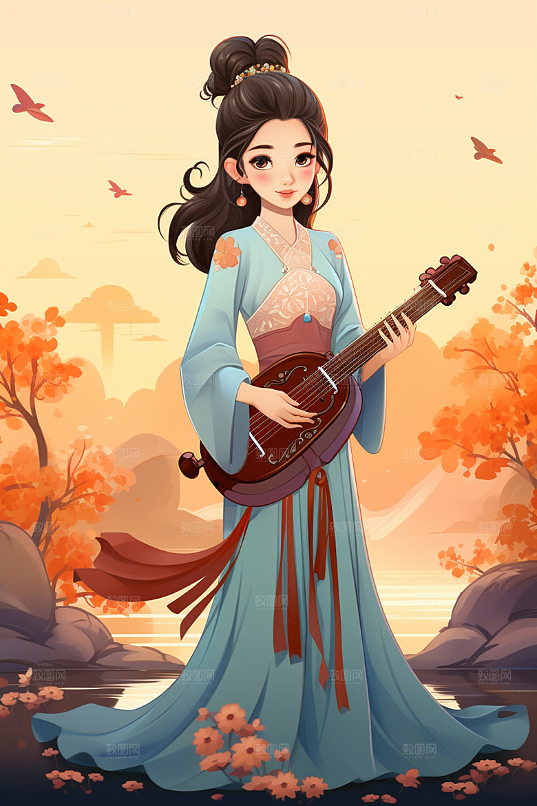 古风弹琴少女演奏中国风插画