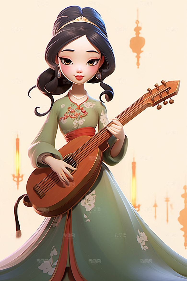 古风弹琴少女中国风乐器插画