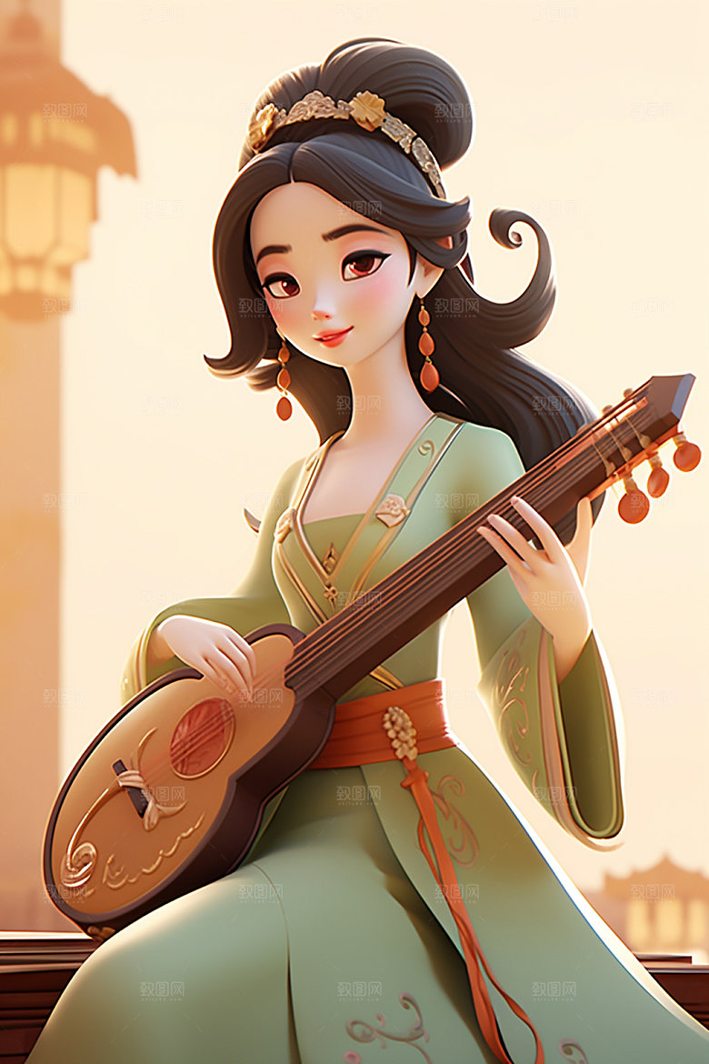 古风弹琴少女演奏中式插画
