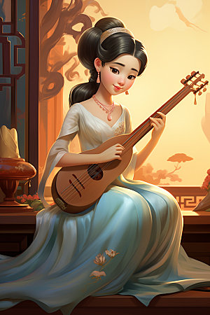 古风弹琴少女传统文化汉服插画
