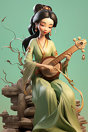 古风弹琴少女传统文化中式插画