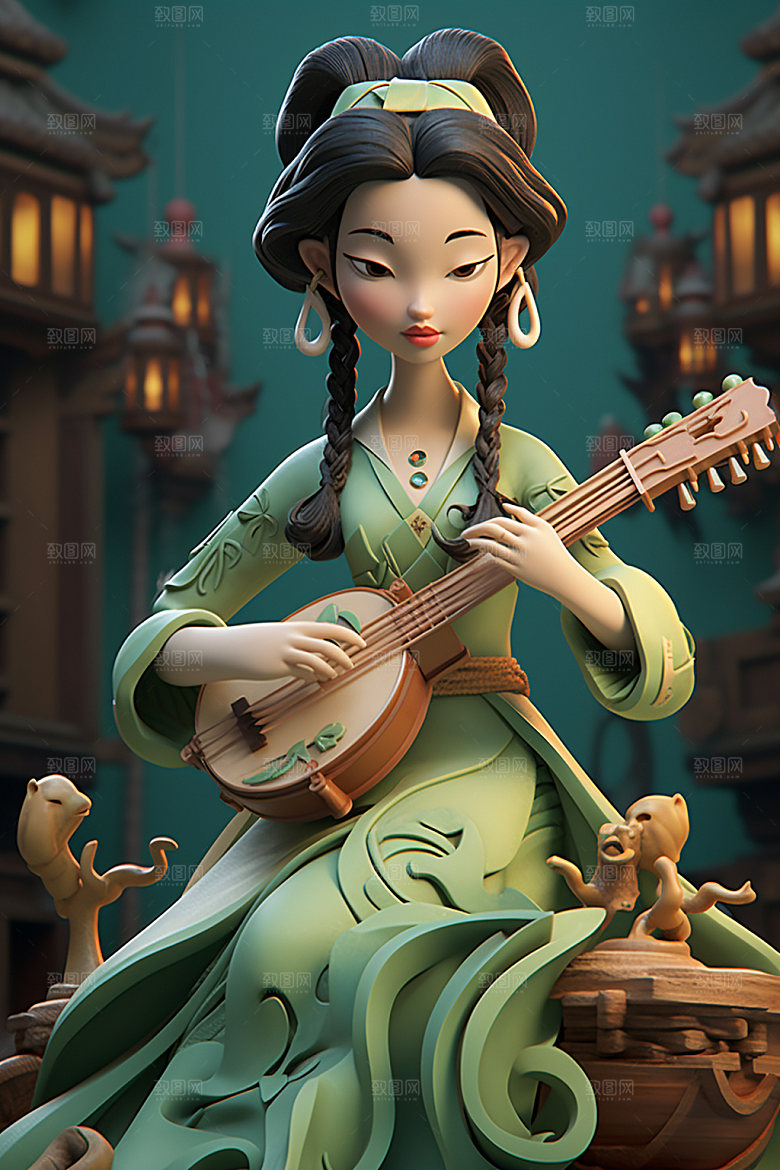 古风弹琴少女中国风唯美插画