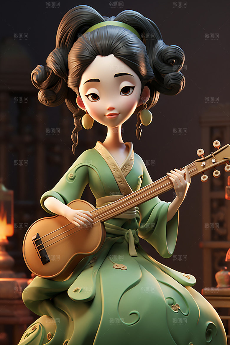 古风弹琴少女乐器演奏插画