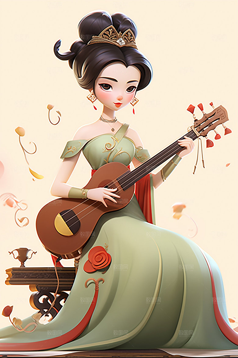 古风弹琴少女演奏汉服插画