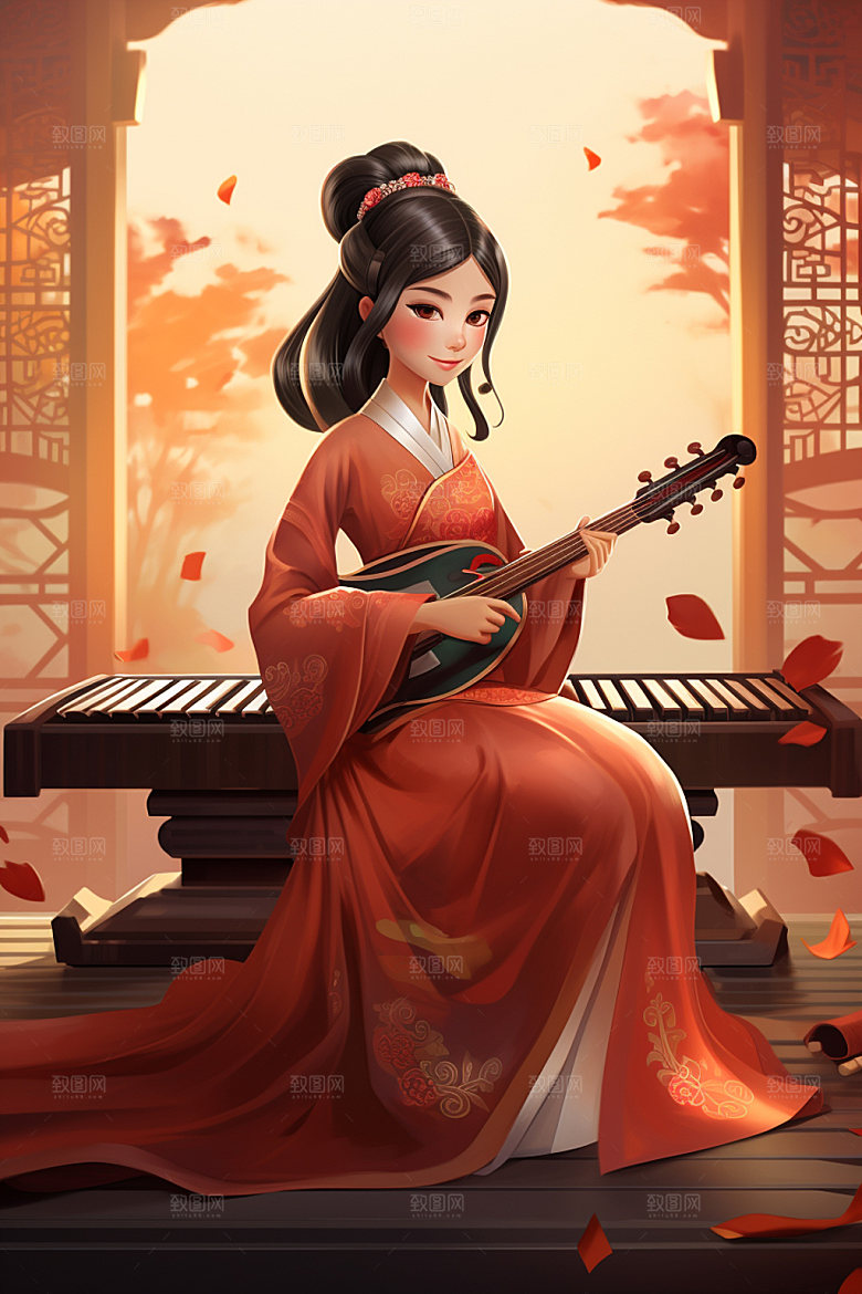 古风弹琴少女演奏中国风插画