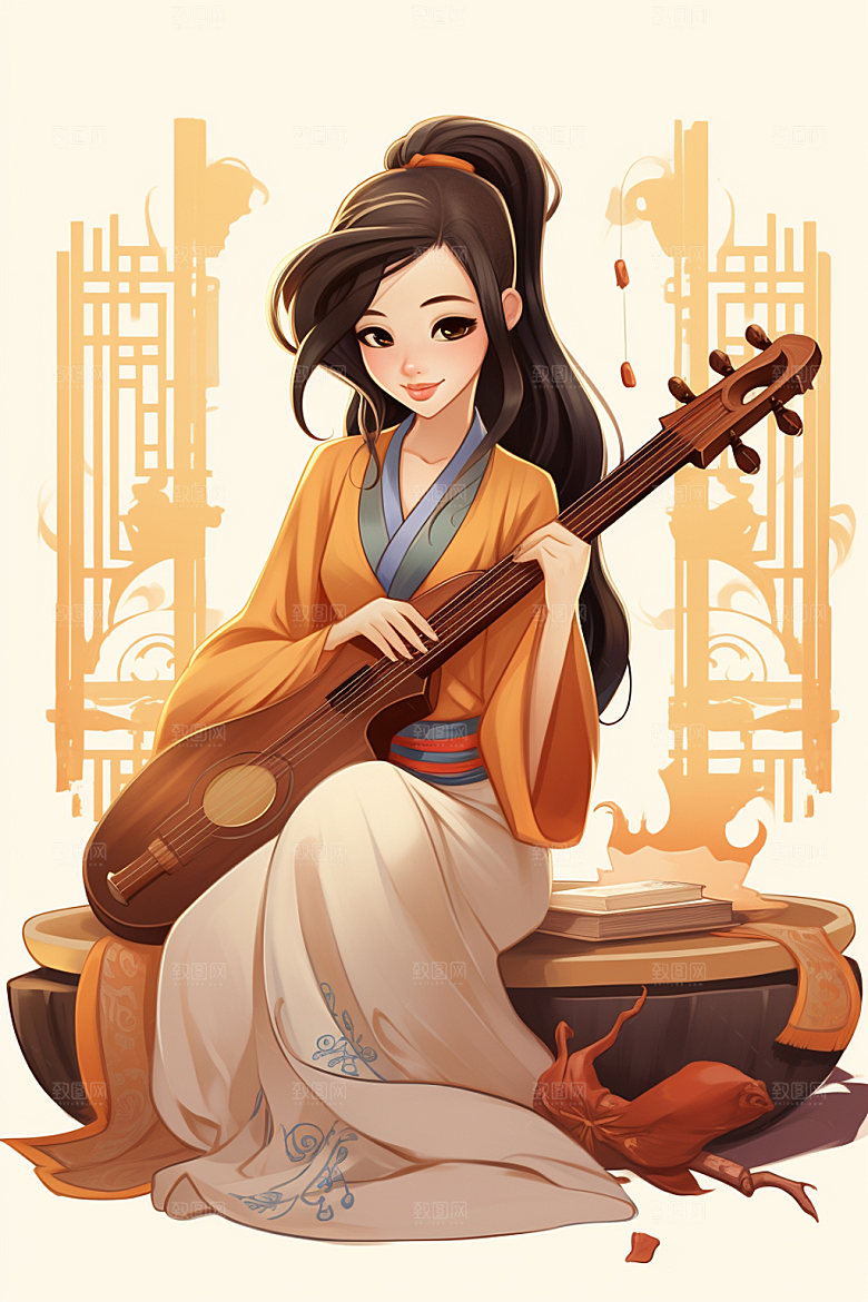 古风弹琴少女演奏唯美插画