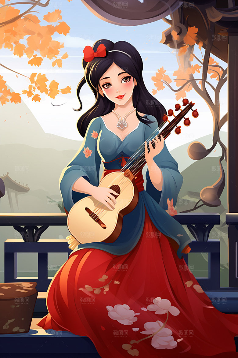 古风弹琴少女乐器演奏插画
