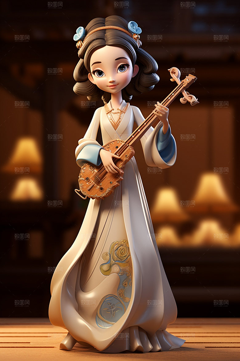 古风弹琴少女乐器演奏插画