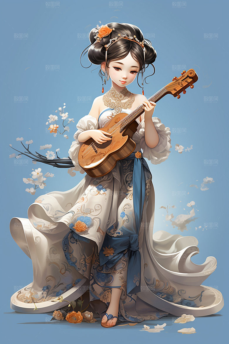 古风弹琴少女演奏唯美插画