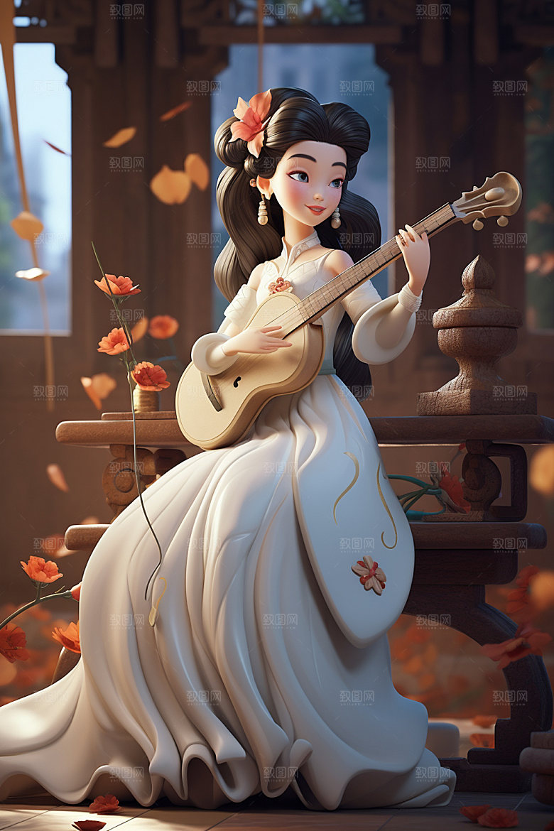 古风弹琴少女唯美中国风插画