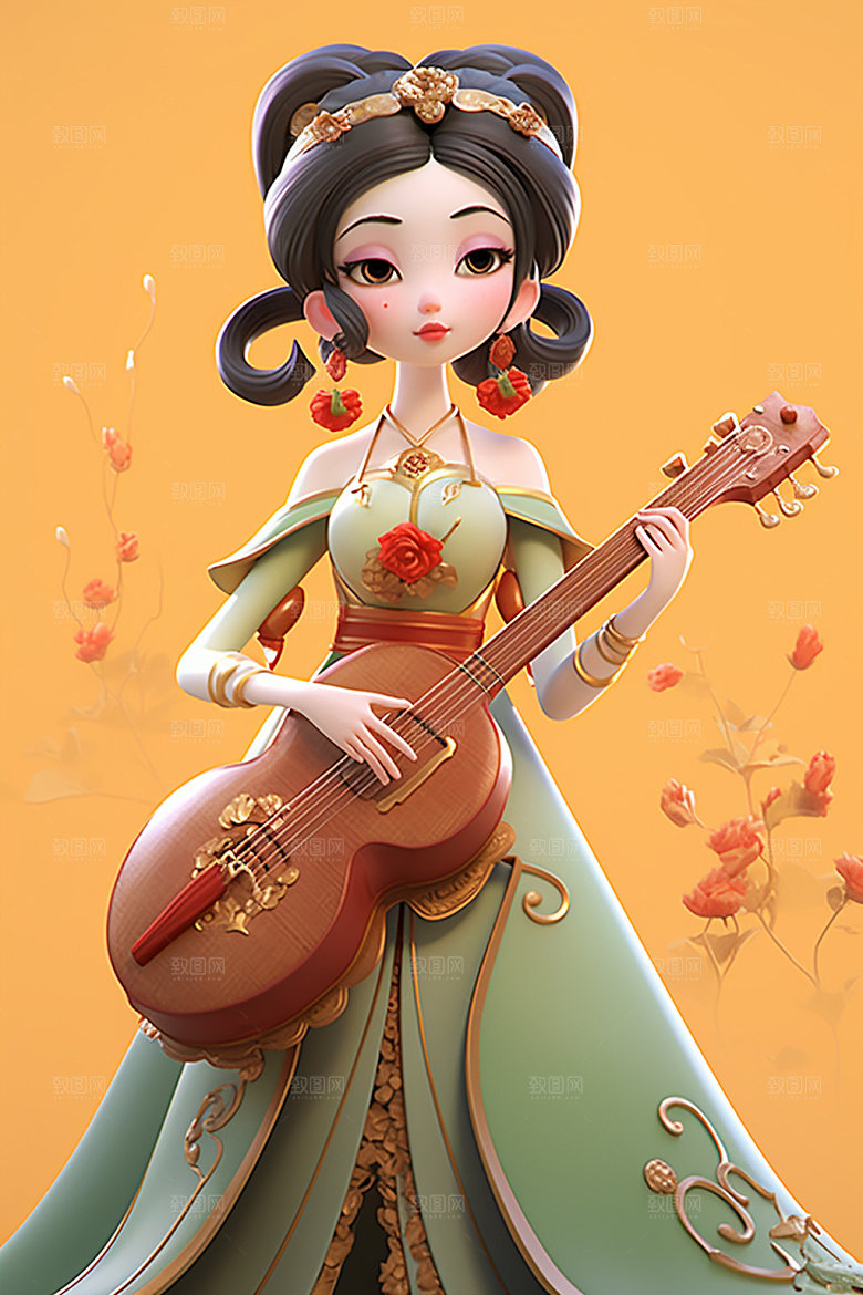 古风弹琴少女唯美演奏插画