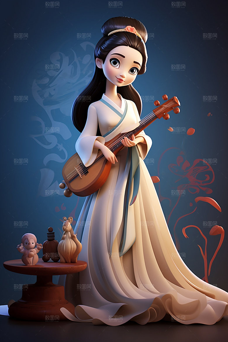 古风弹琴少女乐器演奏插画