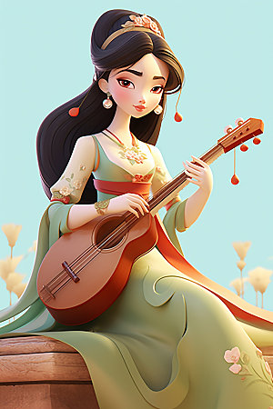 古风弹琴少女中式汉服插画