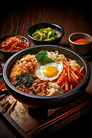 韩国料理石锅拉面摄影图