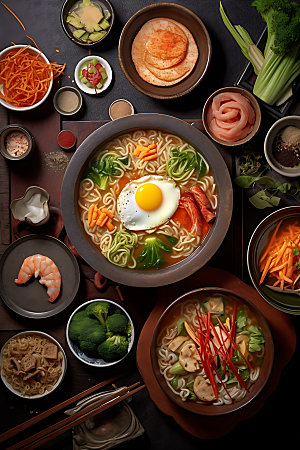 韩国料理石锅拉面摄影图