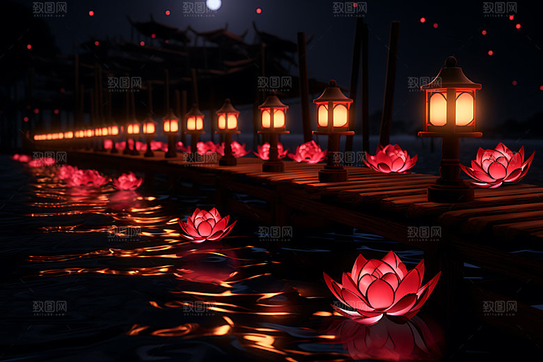 河灯高清荷花灯摄影图