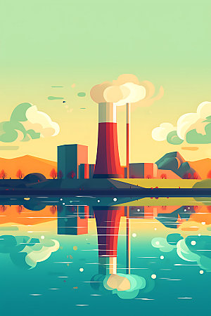 核电厂彩色核反应堆扁平风插画