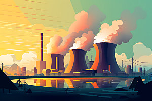 核电厂重工业彩色扁平风插画
