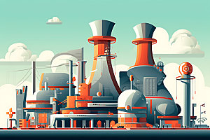 核电厂工业园区彩色扁平风插画