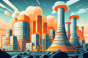 核电厂彩色化工厂扁平风插画