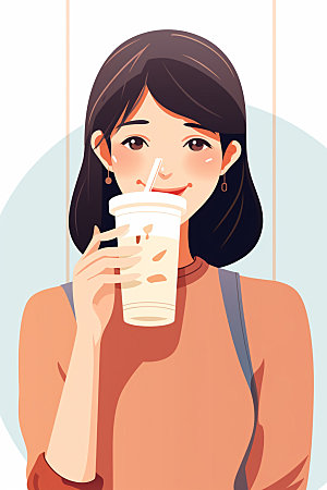 扁平风女生人物插画喝奶茶矢量素材