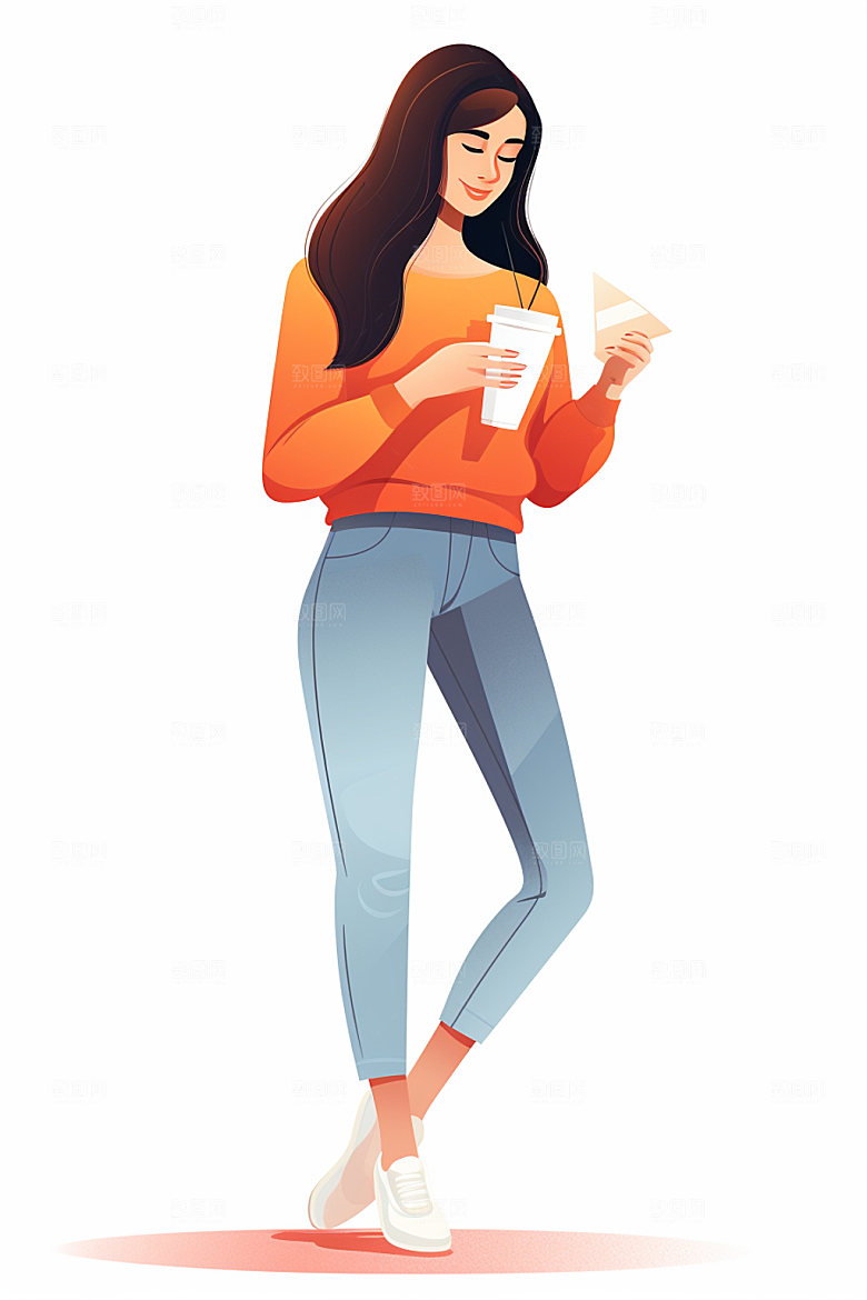 扁平风女生人物插画手握奶茶矢量素材