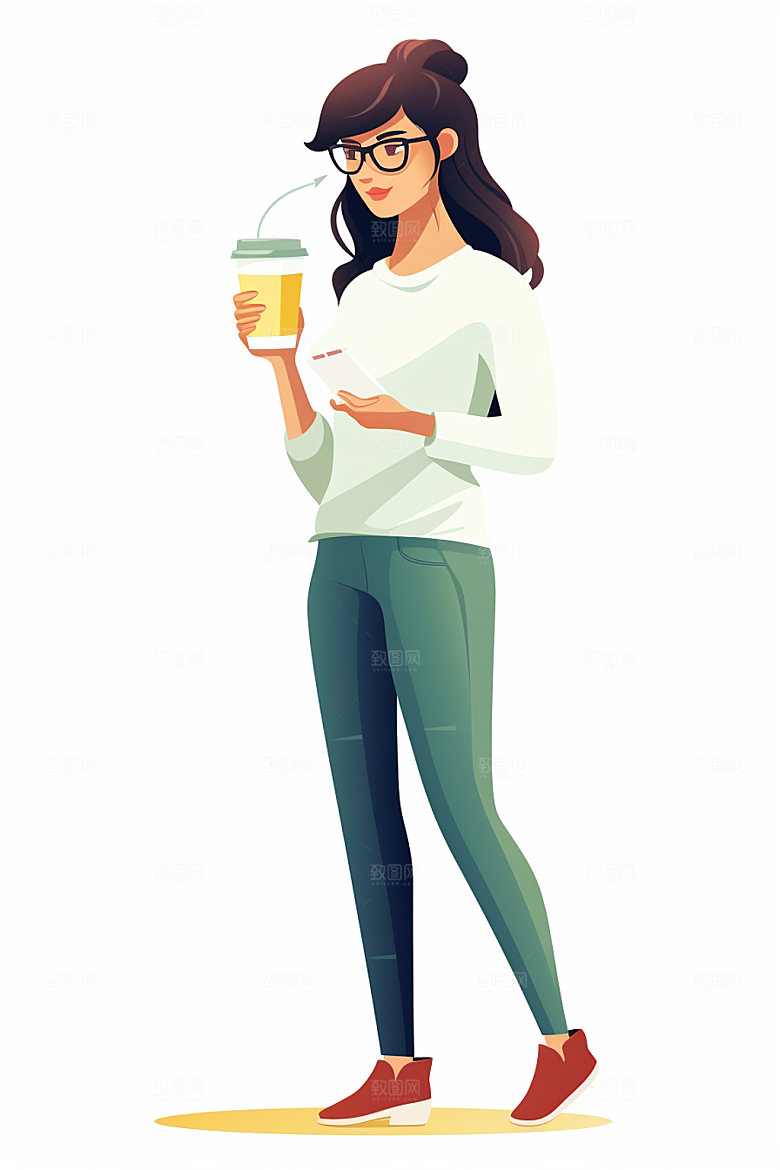 扁平风女生人物插画手握奶茶矢量素材